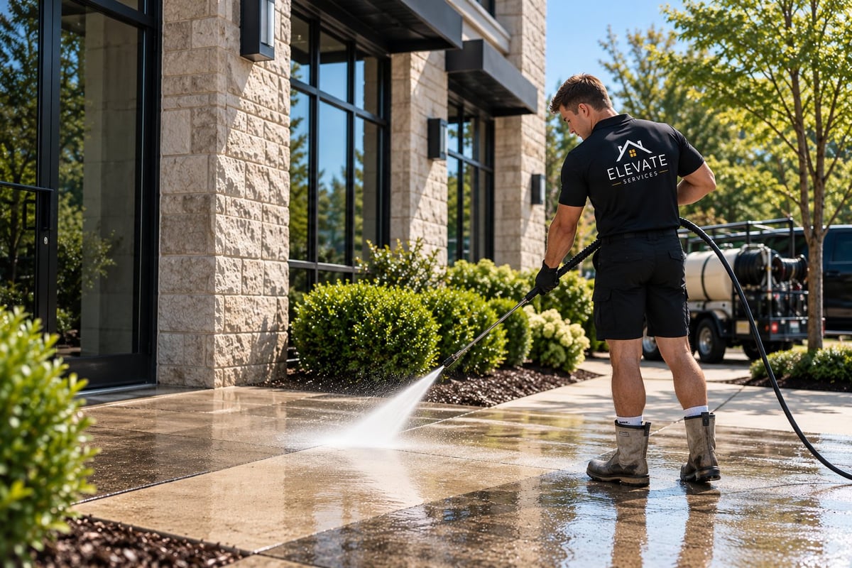Worker pressure washing a stone patio in front of a modern house with landscaping