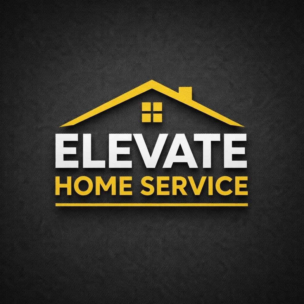 Elevate Home Service logo featuring yellow roof with window icon and white text on dark textured background