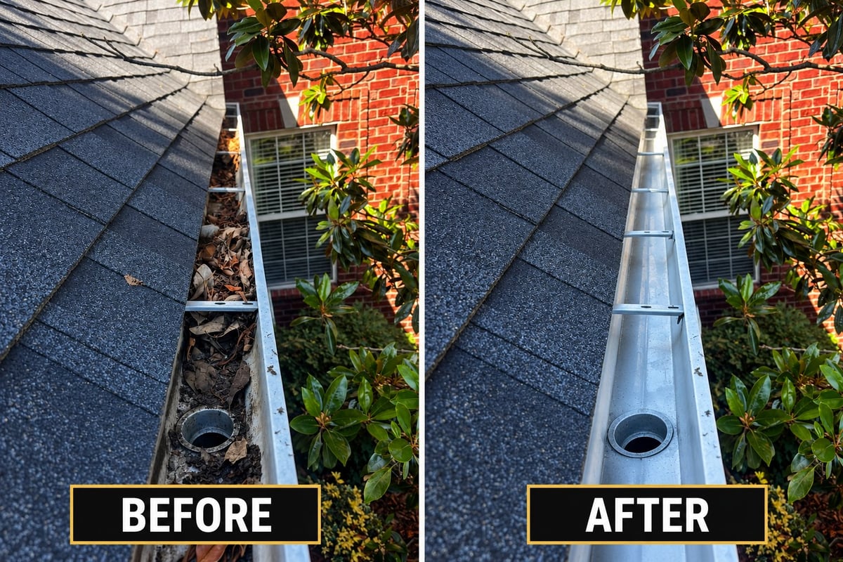 Before and after comparison of a gutter cleaning service showing debris removal from a residential roof gutter