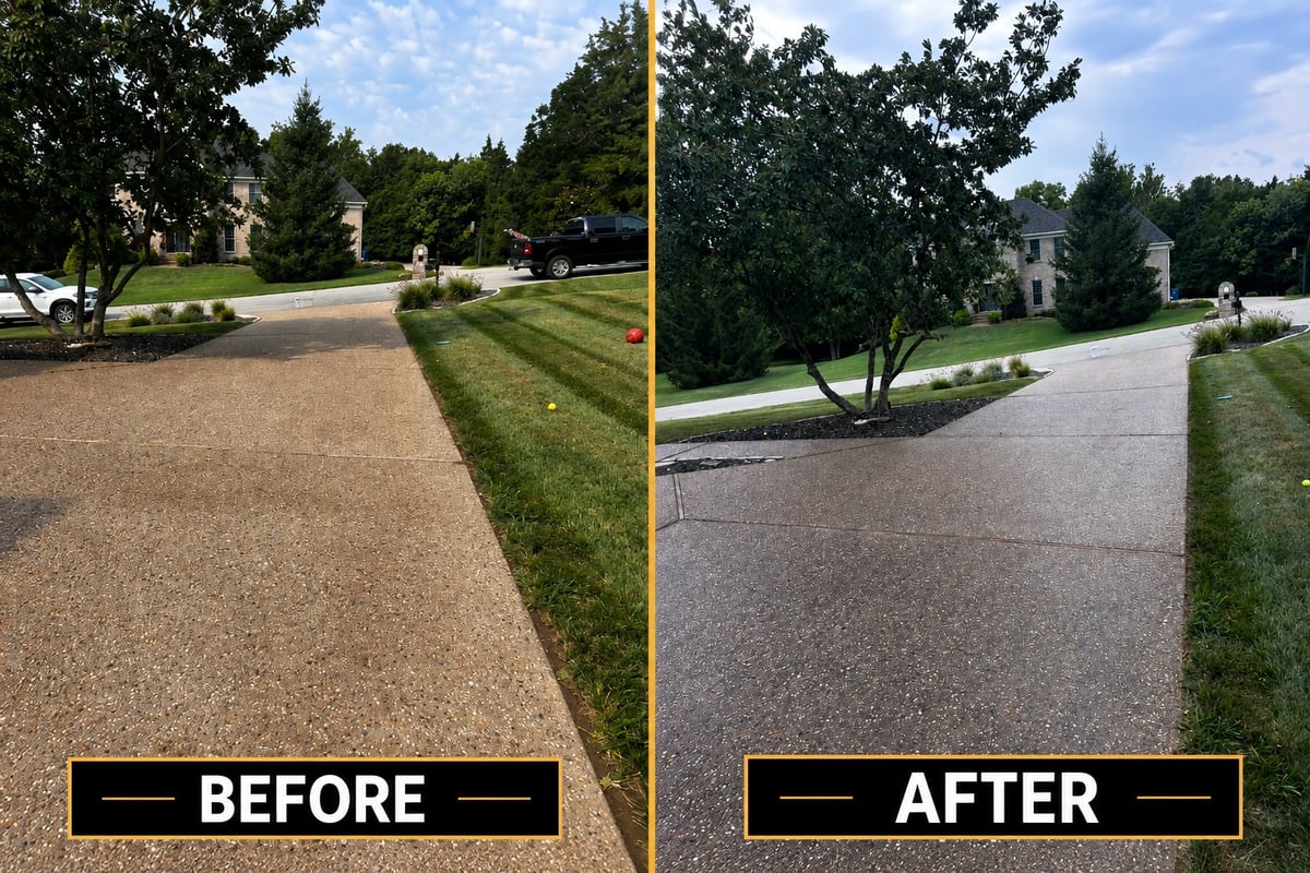 Before and after comparison of driveway resurfacing, showing lighter aggregate pavement transformed to darker sealed surface
