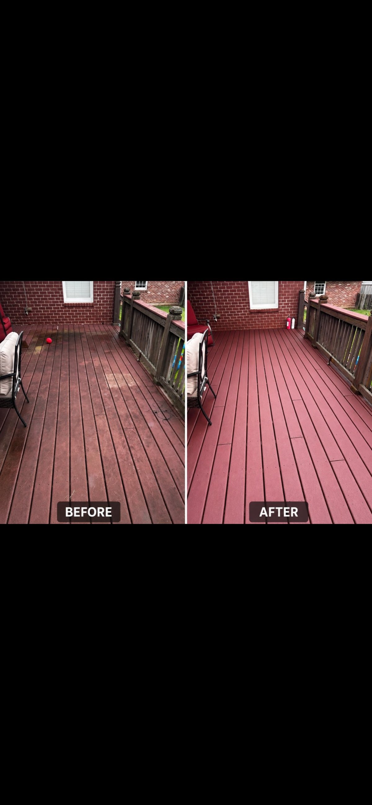 Before and after comparison of a deck cleaning. Left side shows faded, weathered red wood deck. Right side shows the same deck refreshed and vibrant after cleaning.