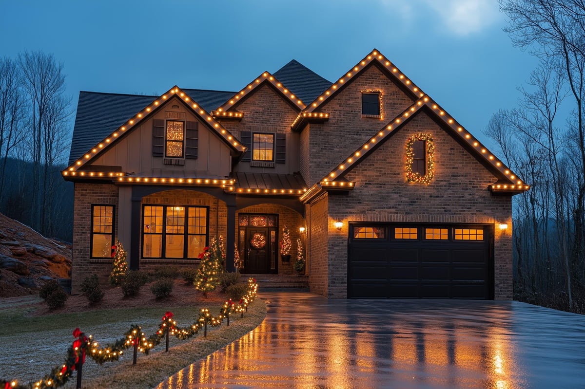 Brick house decorated with golden Christmas lights at dusk, illuminated windows, garland on driveway, bare trees in background
