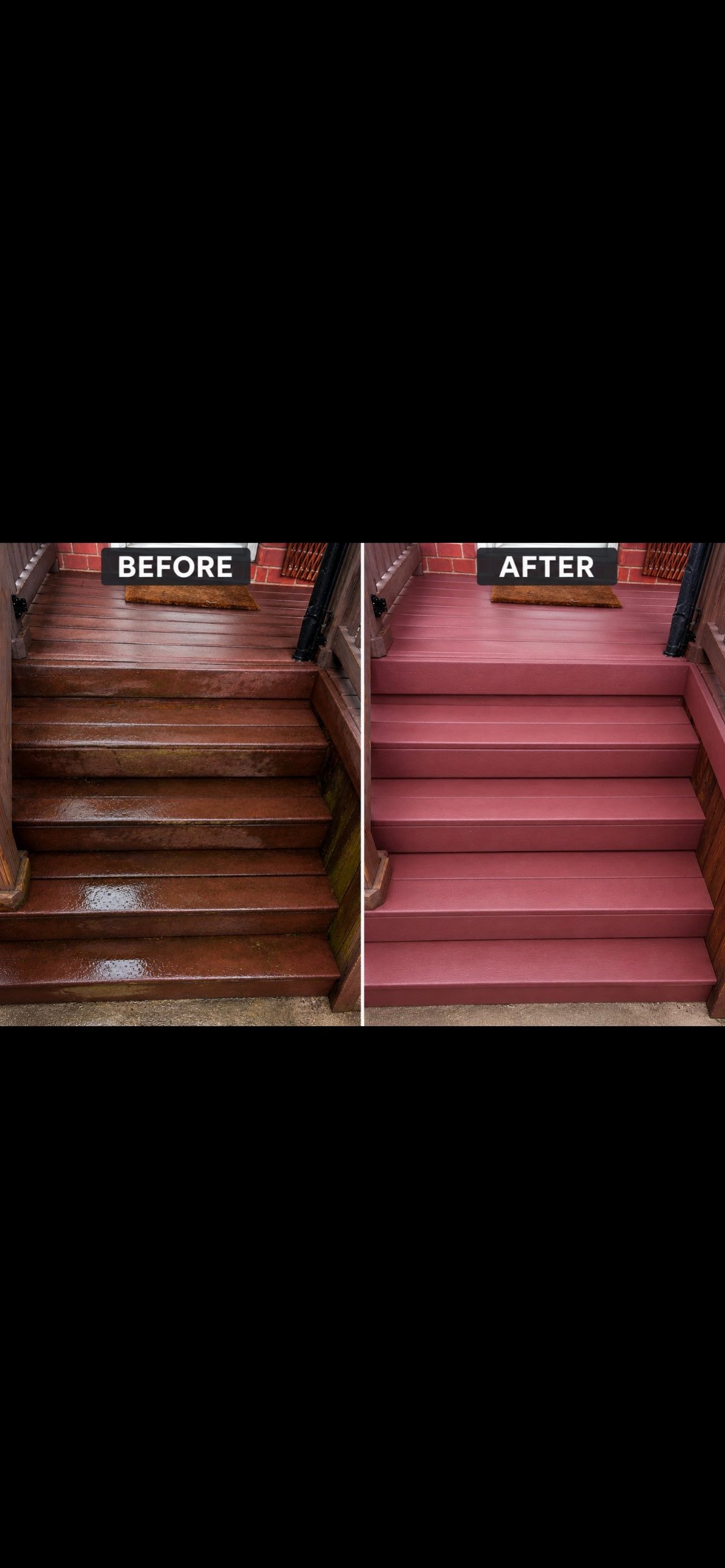 Before and after comparison of wooden stairs transformed from dark brown to bright pink with fresh paint