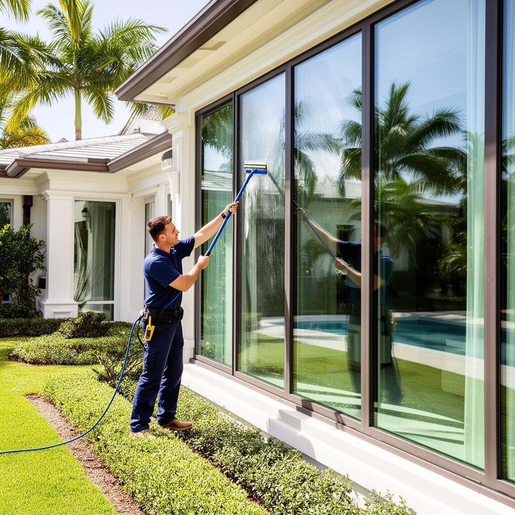 Worker cleaning large exterior glass windows and doors of modern home with palm trees in background